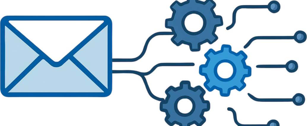 A professional digital illustration showing an envelope connected to gears, symbolizing the process of email marketing automation for beginners.