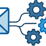 A professional digital illustration showing an envelope connected to gears, symbolizing the process of email marketing automation for beginners.