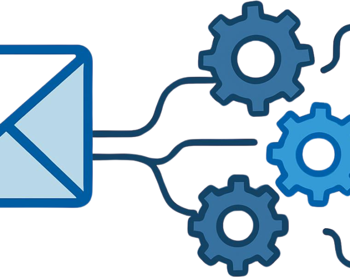 A professional digital illustration showing an envelope connected to gears, symbolizing the process of email marketing automation for beginners.