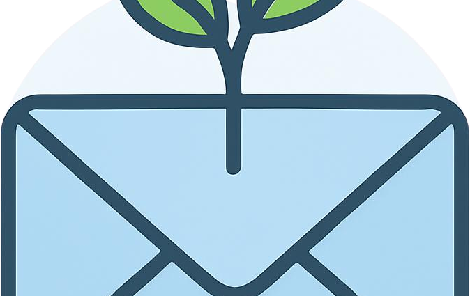 A minimal illustration showing a sprout growing from an envelope, symbolizing the process of growing an email list without paid ads.