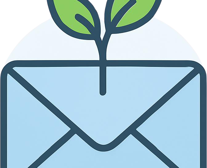 A minimal illustration showing a sprout growing from an envelope, symbolizing the process of growing an email list without paid ads.