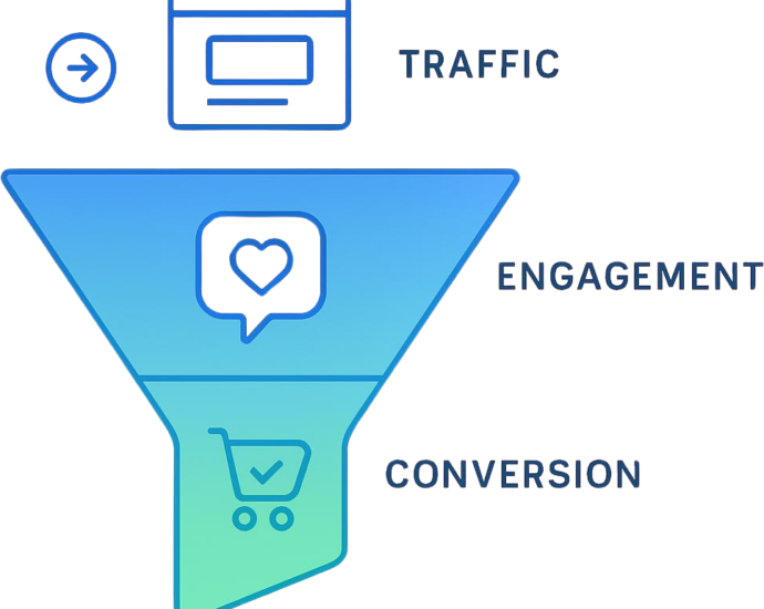 Marketing funnel optimization diagram showing the flow from traffic and engagement to conversion.