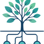 A teal blue and green tree with intricate, circuit-like roots symbolizing stable, interconnected sustainable affiliate marketing models.