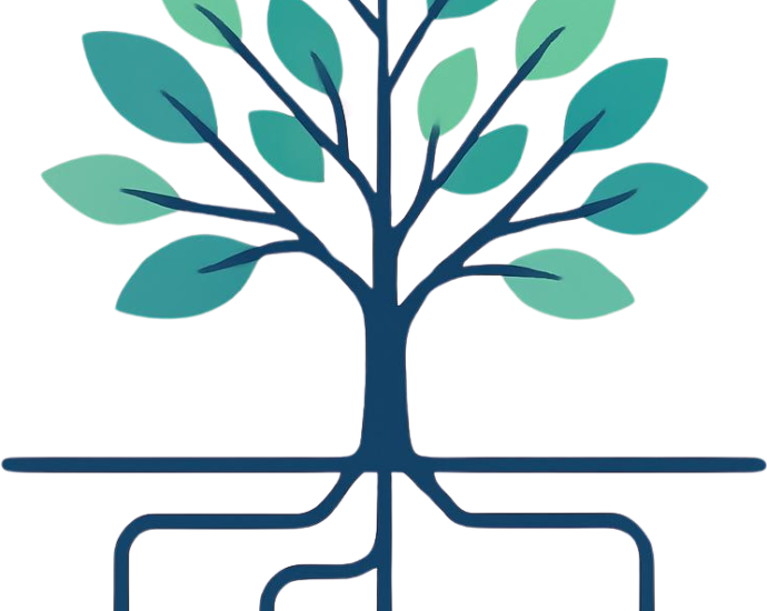 A teal blue and green tree with intricate, circuit-like roots symbolizing stable, interconnected sustainable affiliate marketing models.