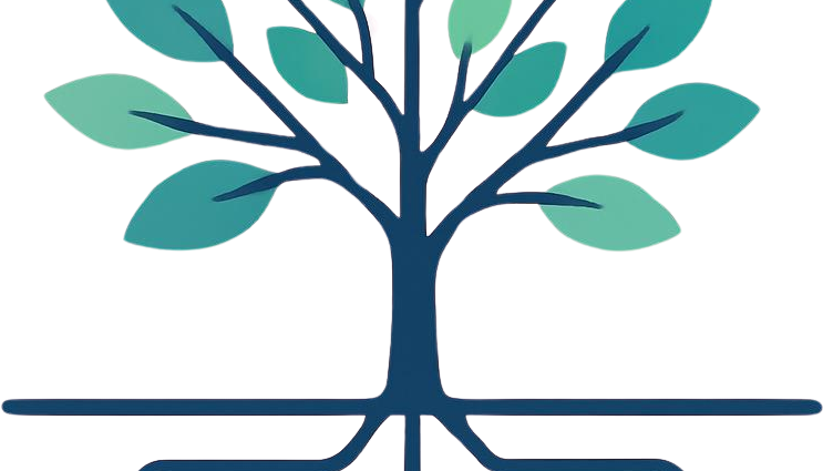 A teal blue and green tree with intricate, circuit-like roots symbolizing stable, interconnected sustainable affiliate marketing models.
