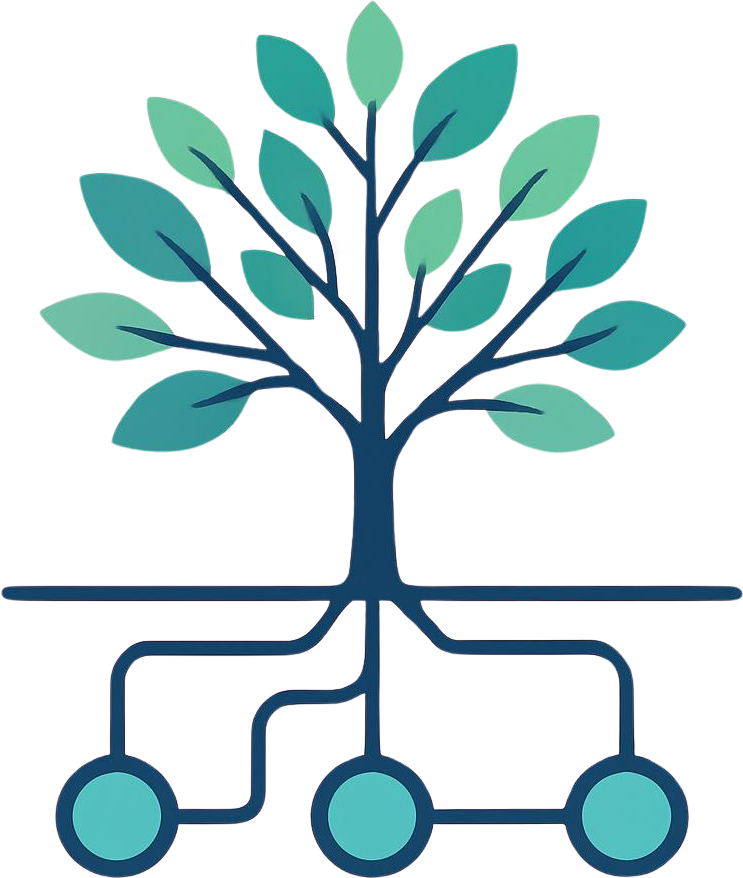 A teal blue and green tree with intricate, circuit-like roots symbolizing stable, interconnected sustainable affiliate marketing models.