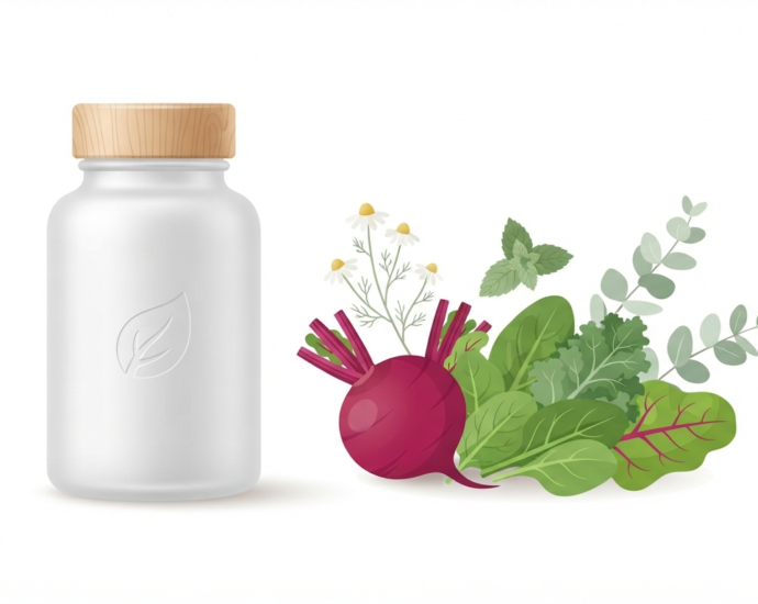 Advanced bionutritionals circ02 honest review featuring a supplement bottle, beetroot, and leafy greens on a clean background