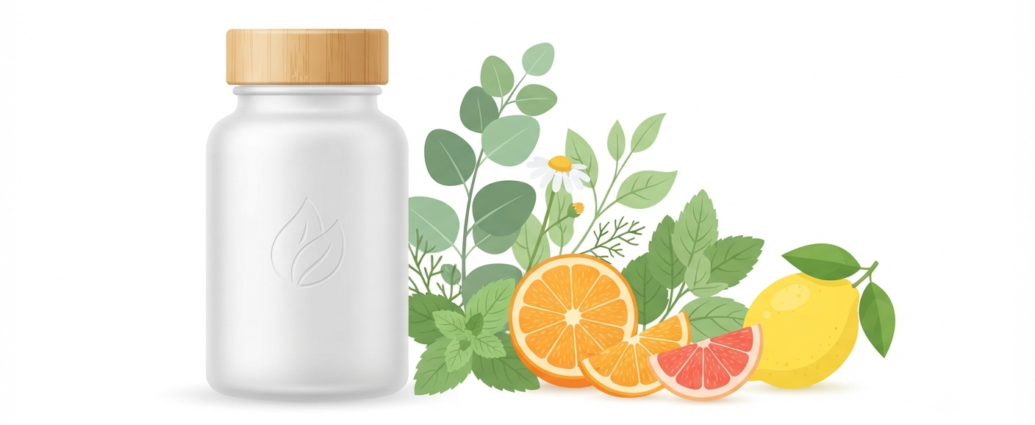 Best supplements for bedroom performance and blood flow featuring a supplement bottle, botanical leaves, and citrus fruit on a clean background