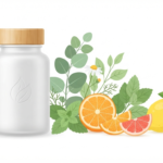 Best supplements for bedroom performance and blood flow featuring a supplement bottle, botanical leaves, and citrus fruit on a clean background