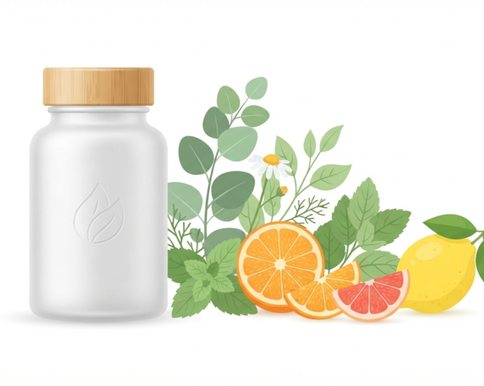 Best supplements for bedroom performance and blood flow featuring a supplement bottle, botanical leaves, and citrus fruit on a clean background