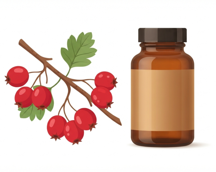 Hawthorn berry benefits for heart health and circulation featuring fresh red berries on a branch and a supplement bottle on a clean background