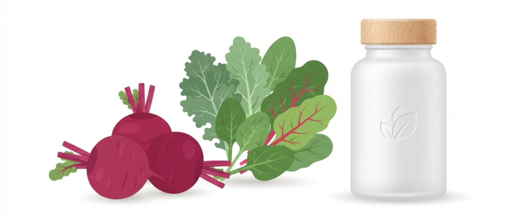 How to boost nitric oxide without prescription drugs featuring fresh beets, leafy greens, and a supplement bottle on a clean background