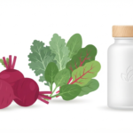 How to boost nitric oxide without prescription drugs featuring fresh beets, leafy greens, and a supplement bottle on a clean background