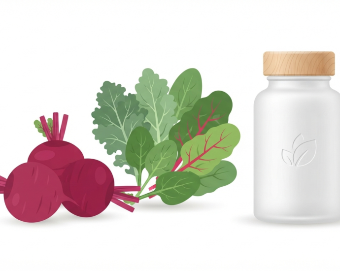 How to boost nitric oxide without prescription drugs featuring fresh beets, leafy greens, and a supplement bottle on a clean background