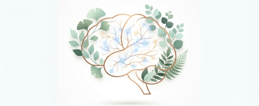 How to improve brain memory and mental focus naturally featuring a brain outline with botanical leaves and neural pathways on a clean background