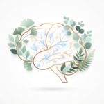 How to improve brain memory and mental focus naturally featuring a brain outline with botanical leaves and neural pathways on a clean background