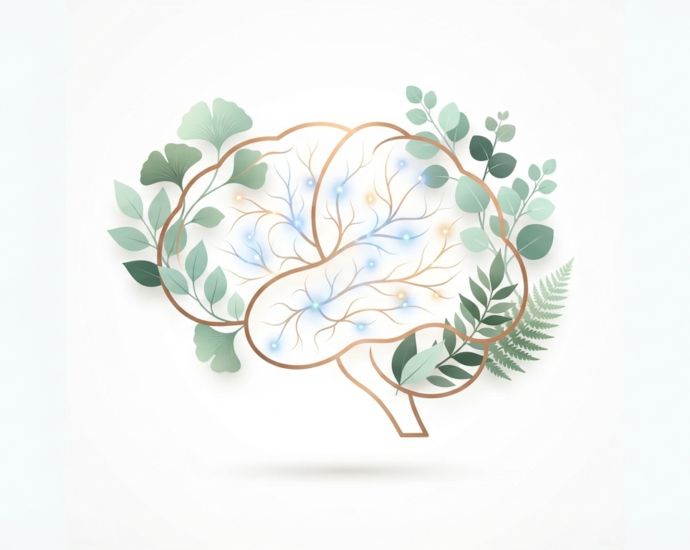 How to improve brain memory and mental focus naturally featuring a brain outline with botanical leaves and neural pathways on a clean background