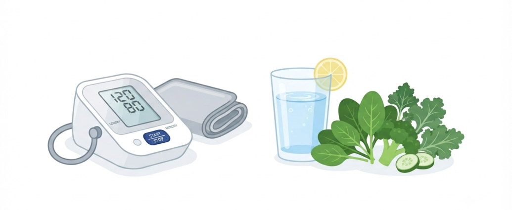 How to support healthy blood pressure after age 60 featuring a home monitor, water glass, and fresh greens on a clean background