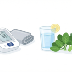How to support healthy blood pressure after age 60 featuring a home monitor, water glass, and fresh greens on a clean background