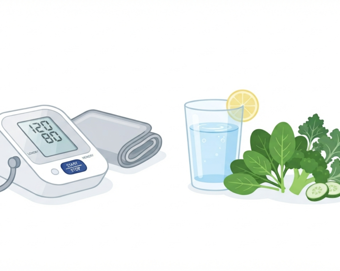 How to support healthy blood pressure after age 60 featuring a home monitor, water glass, and fresh greens on a clean background