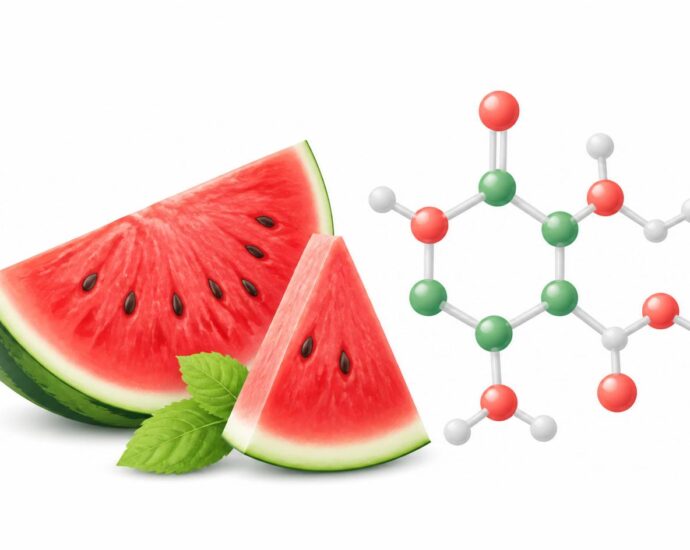 L-citrulline vs l-arginine for blood flow effectiveness with fresh watermelon and molecular structure