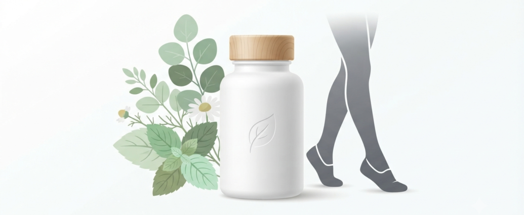 Natural remedies for poor blood circulation in legs featuring a supplement bottle, botanical leaves, and legs silhouette on a clean background