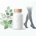 Natural remedies for poor blood circulation in legs featuring a supplement bottle, botanical leaves, and legs silhouette on a clean background