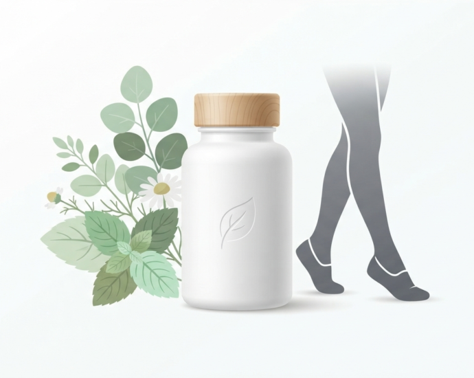 Natural remedies for poor blood circulation in legs featuring a supplement bottle, botanical leaves, and legs silhouette on a clean background