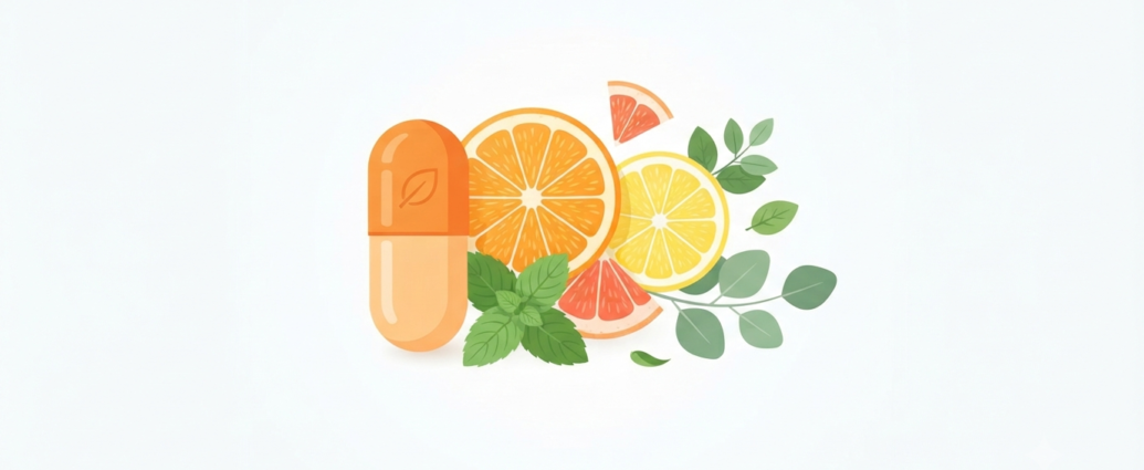 Natural supplements for age related fatigue and low energy featuring a wellness capsule with citrus slices