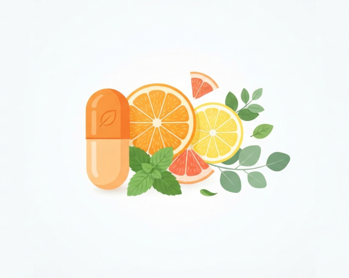 Natural supplements for age related fatigue and low energy featuring a wellness capsule with citrus slices