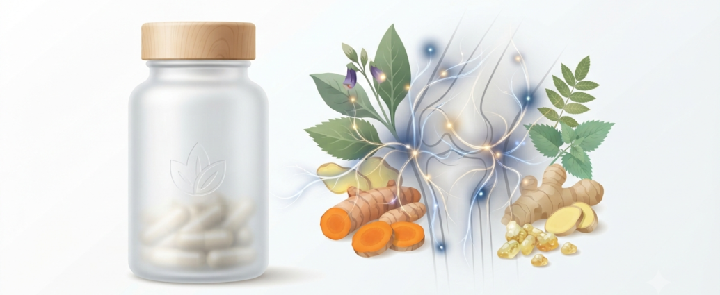 Nitric oxide supplements for joint discomfort and mobility featuring botanical elements and circulation support icons on a clean background