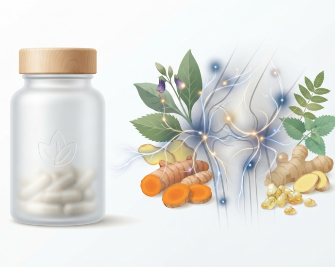 Nitric oxide supplements for joint discomfort and mobility featuring botanical elements and circulation support icons on a clean background