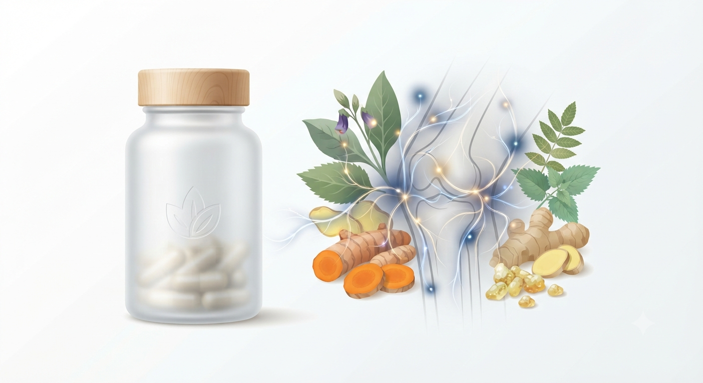 Nitric oxide supplements for joint discomfort and mobility featuring botanical elements and circulation support icons on a clean background