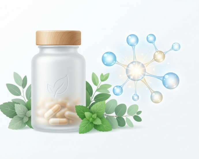 Best nitric oxide supplement for older adults review featuring a wellness supplement bottle with molecular structure and green leaves
