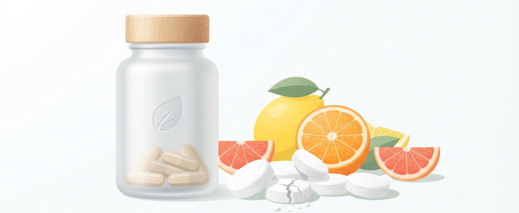Vitamin b12 deficiency and fatigue in older adults featuring a supplement bottle, tablets, and fresh citrus fruit on a clean background