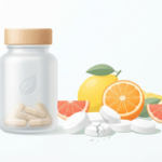 Vitamin b12 deficiency and fatigue in older adults featuring a supplement bottle, tablets, and fresh citrus fruit on a clean background