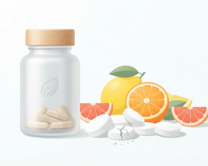 Vitamin b12 deficiency and fatigue in older adults featuring a supplement bottle, tablets, and fresh citrus fruit on a clean background